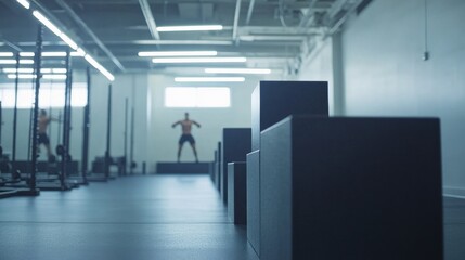 HIIT workout with box jumps and jump squats in a bright gym. Featuring explosive strength, agility, and endurance