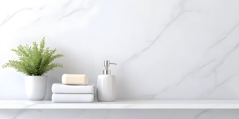 Fototapeta premium Elegant bathroom accessories on a shelf against a white wall minimalist decor tranquil atmosphere contemporary view