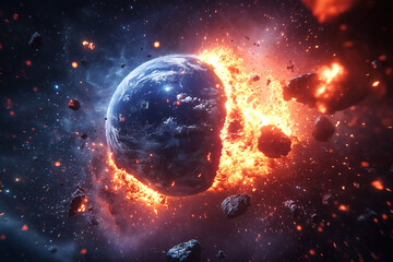 Dramatic depiction of Earth struck by a massive asteroid explosion in outer space, fiery impact, cosmic destruction, meteor collision, apocalyptic scene, sci-fi concept, space disaster illustration.
