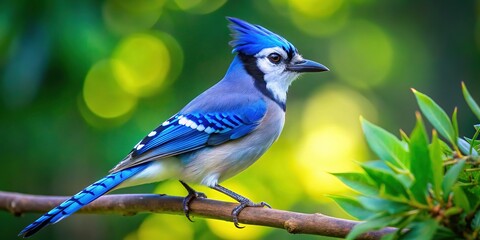 Blue Jay Bird Cyanocitta Cristata Perched on Branch, Vivid Blue Feathers, Wildlife Photography