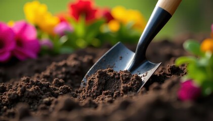Close-up of trowel in soil, vibrant flowers nearby, cultivation, color
