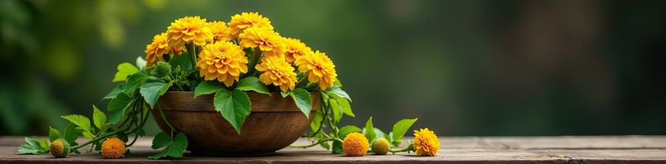 Vines entwined with golden marigolds in a wooden basket, basket, wood, bloom