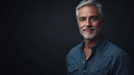 Confident Mature Man with Silver Hair Smiling Against a Dark Background