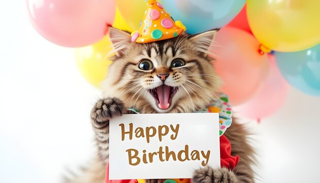 happy birthday card with a cat and balloons