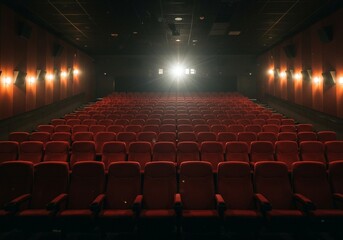 Fototapeta premium Inside a vacant cinema: rows of red chairs stretching towards the distant screen in a dimly lit hall
