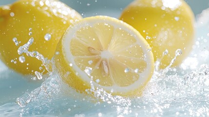 Juicy lemons splashing in water, refreshing drink concept