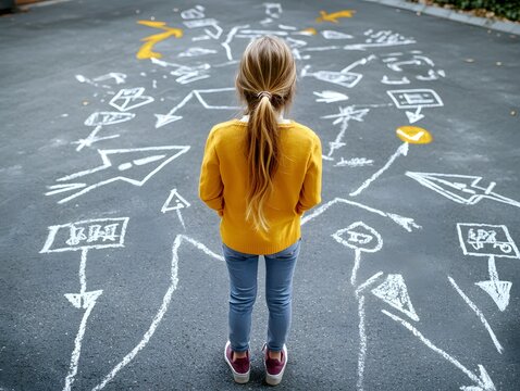 Choosing a future profession young girl considering career paths on the ground urban setting chalk art inspirational