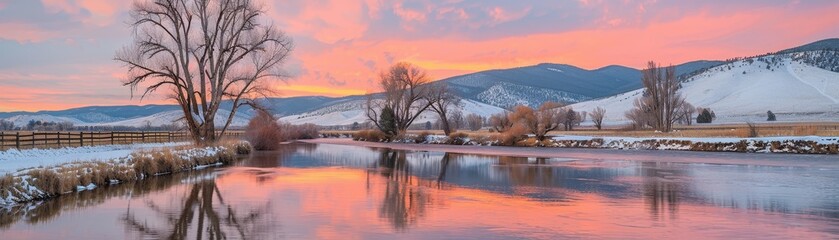 Fototapeta premium A serene winter landscape featuring a river reflecting a vibrant sunset, surrounded by snowy mountains and bare trees.