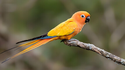 Obraz premium Sun Parakeet perched on branch, rainforest background, wildlife photography