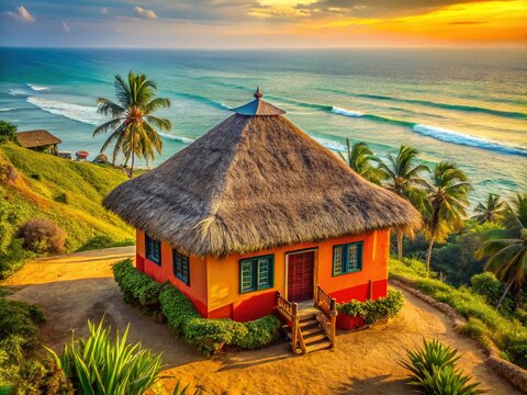 Ghanaian Axim Hilltop Bungalow: Traditional Thatched Roof Ocean View