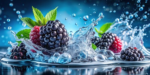 Juicy Blackberries with Melting Ice and Refreshing Water Splashes - Stock Photo