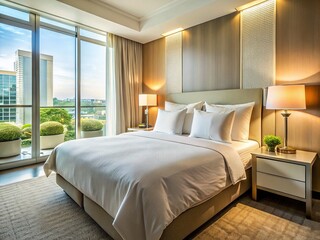 Luxurious Hotel Room Bed, Crisp White Sheets, Modern Interior Design