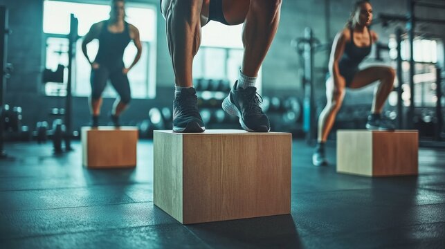 HIIT workout with box jumps and mountain climbers in a modern gym. Featuring strength and endurance