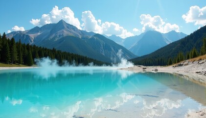 turquoise waters reflect surrounding mountains, geyser, turquoise