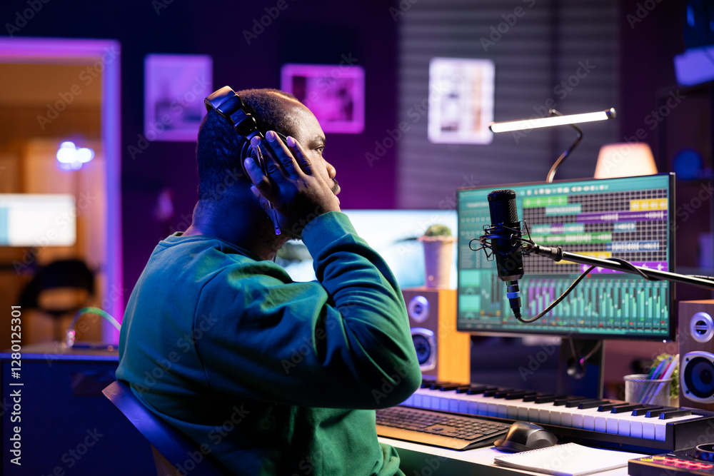 Poster african american music producer listening to recorded song in home studio, making room for improveme