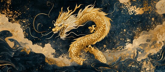 Golden Dragon Soaring Through Clouds, Dark Background, Asian Art Print