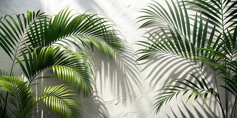Shadowy Palm Leaves Overlay on White Wall - Tropical Texture Background