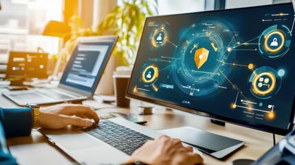Digital security analysis process office workspace infographic display modern technology environment close-up view cybersecurity concepts