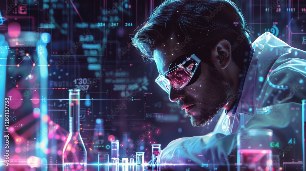 Aufkleber A focused scientist in protective eyewear examines samples in a modern laboratory, surrounded by glowing data visualizations and lab equipment during an advanced research session.