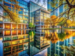 Urban Reflections: Building Facades, Tree Branches, and Water Reflections