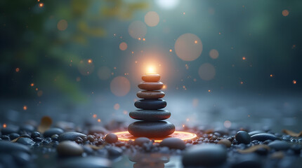 Obraz premium Magical Zen Stone Stack with Glowing Light – Mystical Balance and Serenity