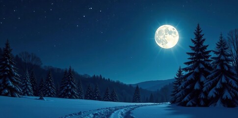 Black Christmas night sky with stars and a full moon shining through the bare trees, full moon, evergreen
