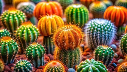Obraz premium Vibrant Miniature Cacti in Orange and Green Hues - Desert Succulent Plants Stock Photo
