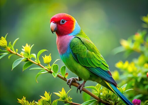 Vibrant Plum-headed Parakeet on a Branch in India - Stock Photo