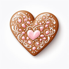 Fototapeta premium Delightful heart shaped gingerbread cookie decorated with pink icing and intricate designs, perfect for celebrations and special occasions