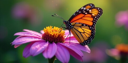 Fototapeta premium Monarch butterfly on bright purple coneflower, dew drops visible , bright, macro, nature scene