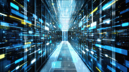 Futuristic data center with glowing lights and digital patterns, showcasing technology and innovation