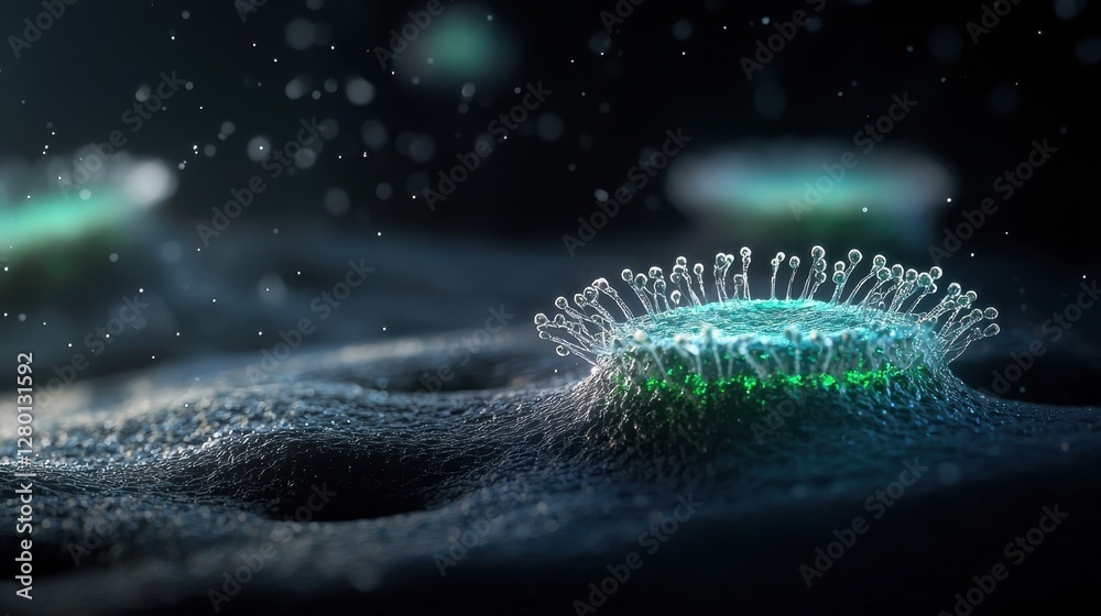 Poster abstract microscopic view of viruses with illuminating features in a dark background, showcasing the