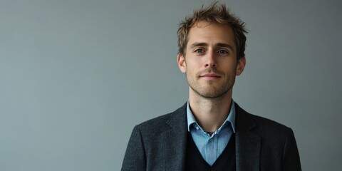 Confident Young Man in Business Attire Against a Neutral Background