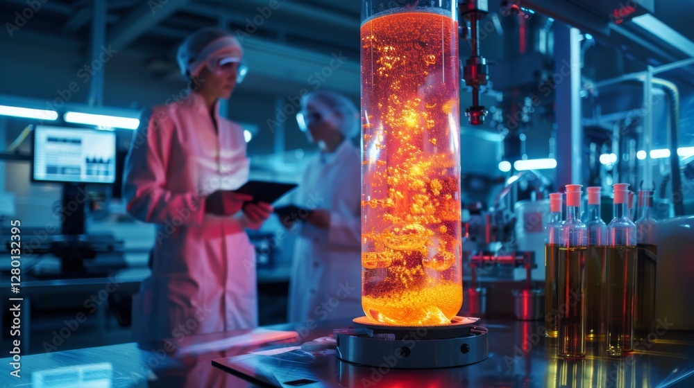 Aufkleber Two researchers in lab coats observe a glowing liquid in a large flask, surrounded by equipment, while discussing findings on a tablet in a high tech laboratory setting.
