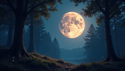 Giant moon hangs heavy, casting long shadows on forest floor , calm, leaves, moon