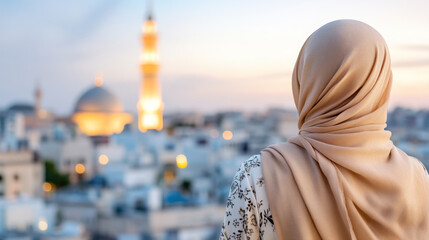 Malay muslim woman wearing traditional abaya smiling enjoying traveling at gulf city