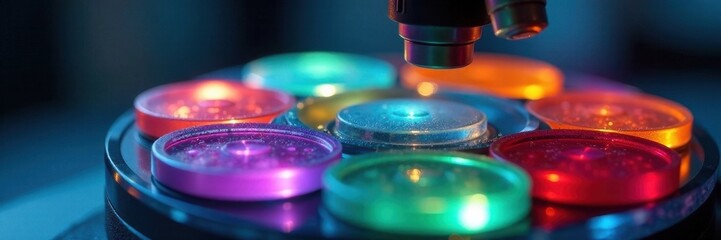Microscope close-up showing colorful ELISA plate wells, technology, colorimetric, diagnostics