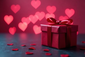 Red present box on soft pink, heart shaped bokeh lights , birthday, lights