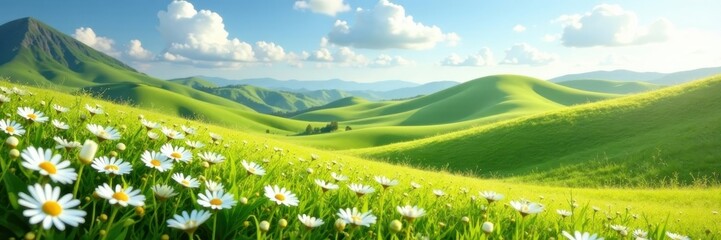 Rolling hills blanketed with blooming daisies , landscape, field, rural