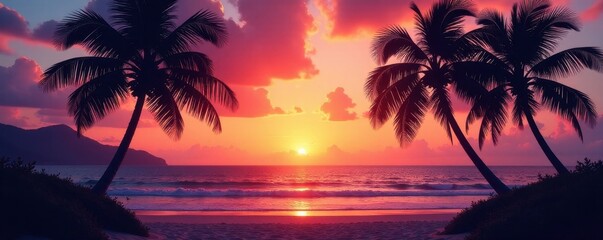 Silhouetted palms at sunset, tranquil ocean backdrop, seascape, beautiful, ocean view