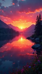 Stunning sunset over tranquil lake, vibrant colors, nature's beauty, beautiful, background