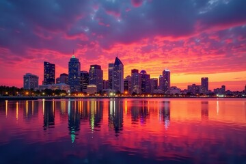 Stunning Coronado Island sunset view San Diego's glittering skyline reflected in the water , bridge, viewpoint