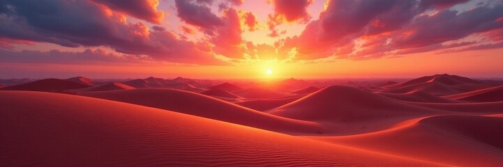 Sun-kissed dunes ripple towards a fiery sunset sky , scenic, dunes