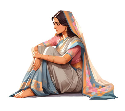 Indian woman sitting in saree illustration