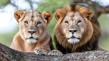 Obraz premium Two majestic lions resting on a branch, African savanna background, wildlife photography for nature documentaries