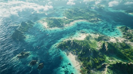 A tropical island with palm trees and clear blue water surrounded by mountains This scene captures a
