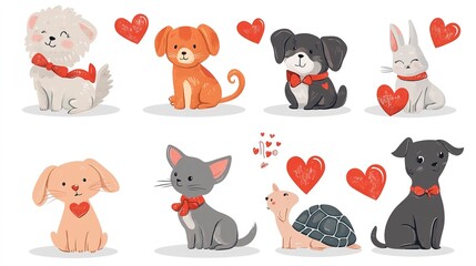  Romantic pet animal cat dog  with love hearts, Valentine’s Day, isolated on white background.  