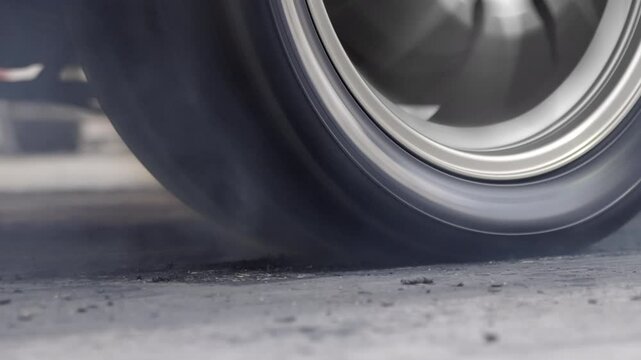 Smoke on wheel of drag racing car at starting line.