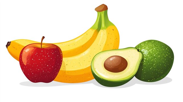 red apple, banana, avocado fruit still life clip art preview