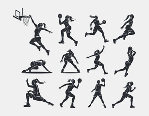 Female Basketball Player Action Silhouette Collection